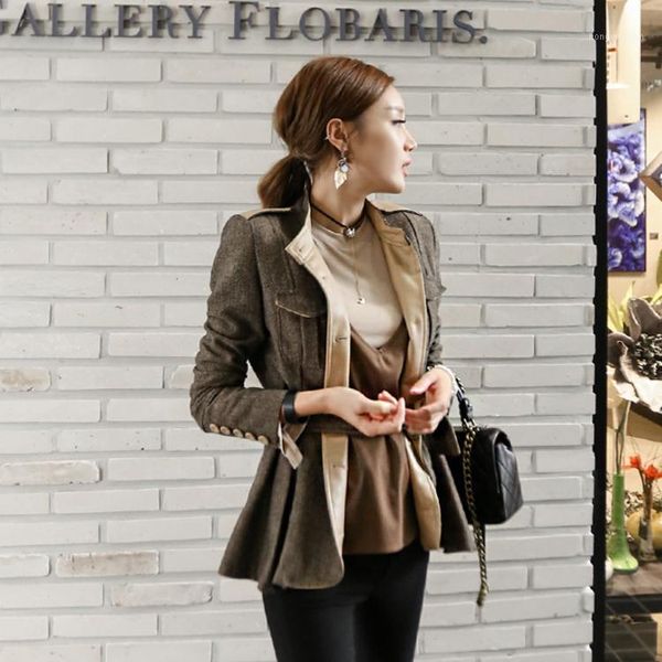 

new elegant fashion women spring autumn korean style stand-collar suit woolen coat tunic high waist coat1, Black;brown