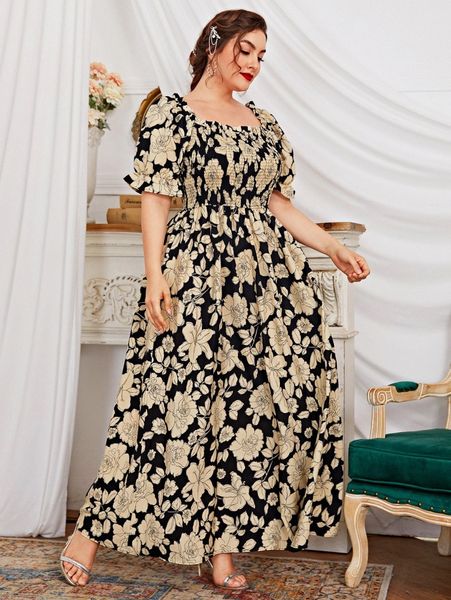 

plus allover floral shirred frill milkmaid dress a1if#, Black