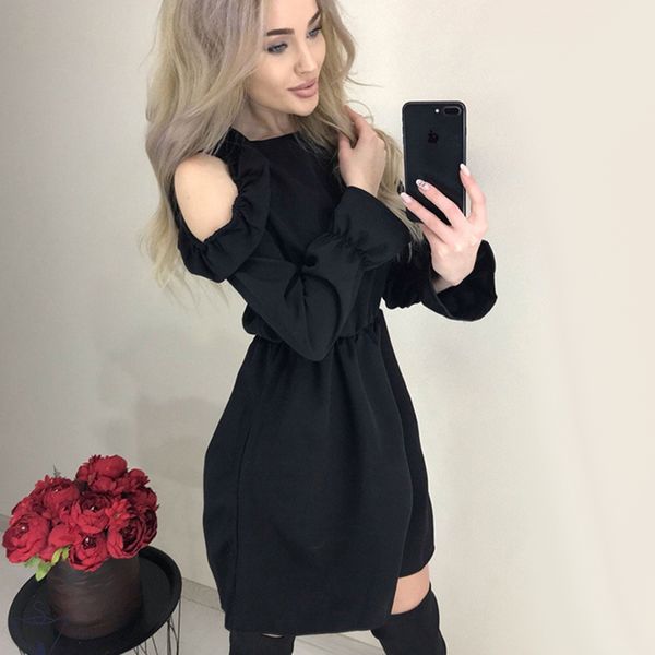 

christmas elastic waist vintage party dress long sleeve stand collar ruffles loose dress hollow out women mini dress 201125, Black;gray