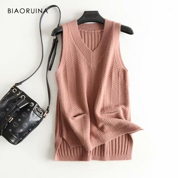 

biaoruina women korean style elegant knitted sweater side split female casual sleeveless v-neck pullovers ladies chic sweaters1, White;black