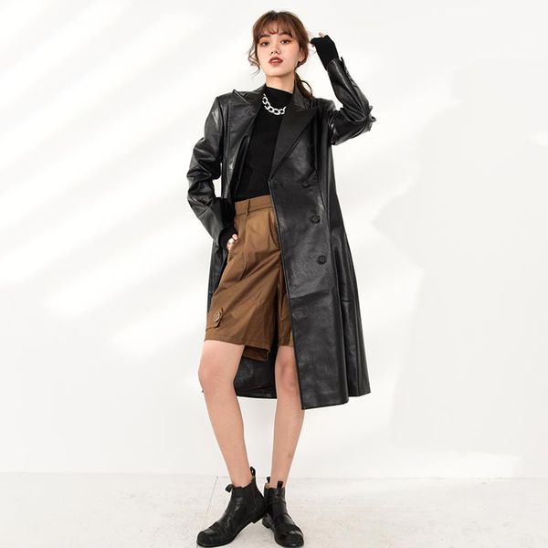 

pu women black leather long trench new lapel long sleeve loose fit windbreaker fashion tide spring autumn 2021 1da4880, Tan;black
