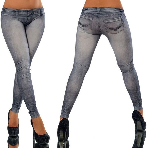 

women's jeans woman vintage wash color denim print leggings low rise stretchy pencil pants seamless ankle length skinny fake tights, Blue