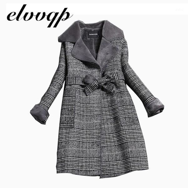 

woolen coat women 2020 new winter long thick plus velvet warm fur jackets elegant pocket plaid belt ladies coats1, Black