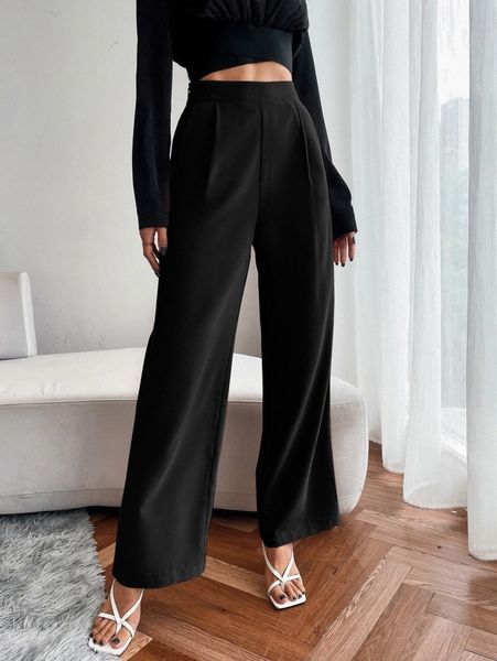 

high waist fold pleated pants v9ku#, Black;white