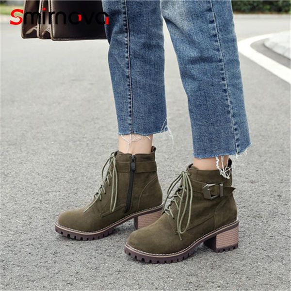 

boots smirnova 2021 large size 34-43 lace up women flock casual med heels ankle autumn winter ladies, Black