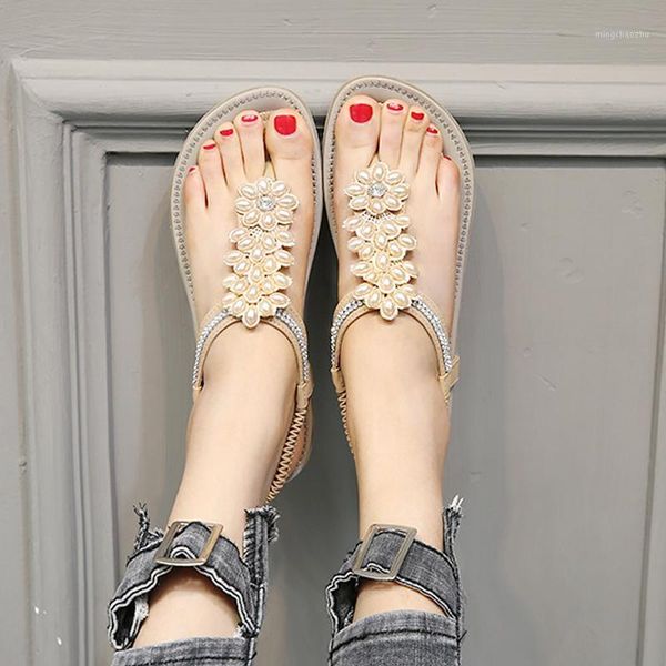 

sandals women's summer shoes golden flower shape pearl ladies rhinestone flat elastic band soft beach flip flops for women1, Black