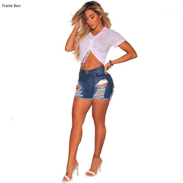 

high casual waist denim shorts 2020 summer skinny ripped hole high waist stretch jeans plus size1, Blue