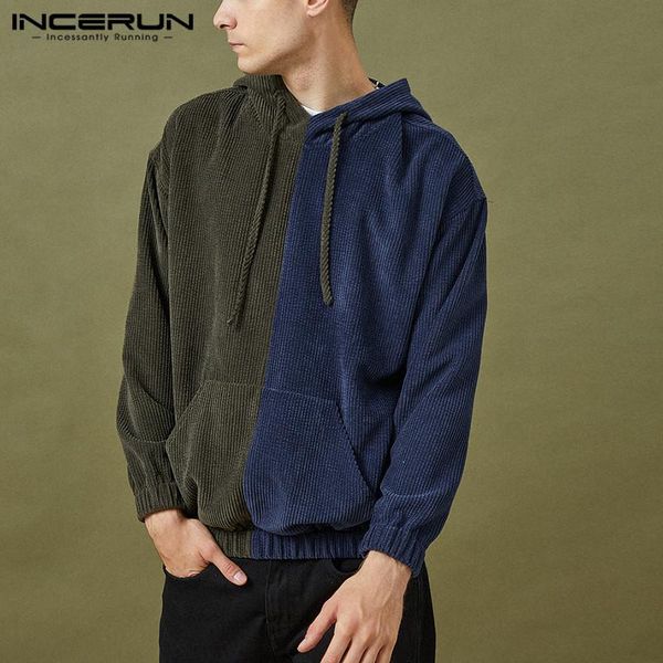 

men's hoodies & sweatshirts leisure corduroy incerun men long sleeve drawstring fashion patchwork outwear man big pocket pullovers s-3x, Black