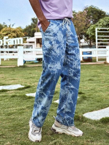 

men washed drawstring waist straight leg jeans g0rd#, Blue