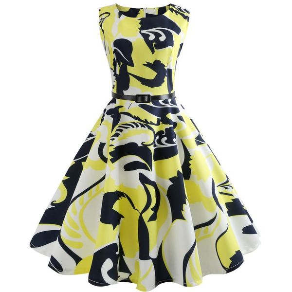 

hepburn style waistband shows thin print big swing dress belt, White