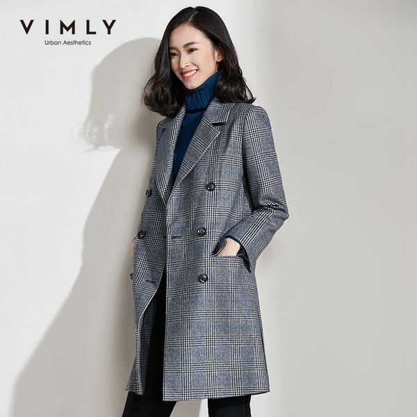 

vimly autumn winter women plaid woolen coat elegant lapel double-breasted long sleeve vintage female long jacket 30096 201214, Black
