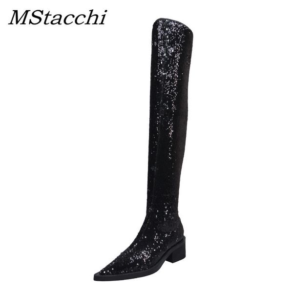 

mstacchi women bling bling long boots woman warm elasticity over the knee botas mujer invierno square heel thigh high boots lj201130, Black