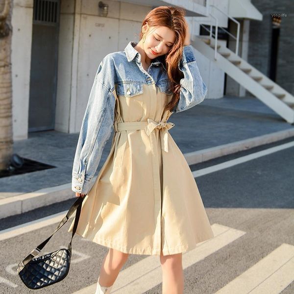 

2020 new spring trench coat turn-down collar full sleeves denim patchwork kahki with belts female windbreaker fy721, Tan;black