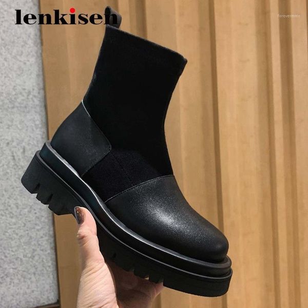 

lenkisen large size natural leather fashion round toe high square heels slip on energy daily wear ankle boots l811, Black