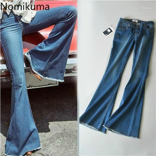 

nomikuma oversized solid color jeans women spring autumn solid color denim flare pants casual slim trousers trendy fashion 3a2651, Blue