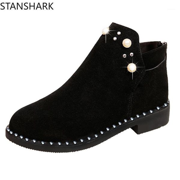 

2020 vintage women boots pearl shoes winter women shoes suede ankle boots flat ankle short for solid1, Black
