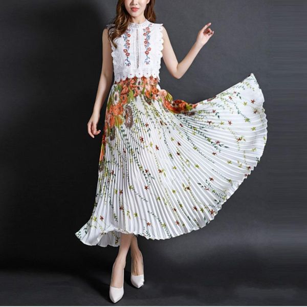 

ewq] 2020 summer new vintage style holiday trend casual high waist printed pleated ankle-length wild female skirt 6 color qh953, Black