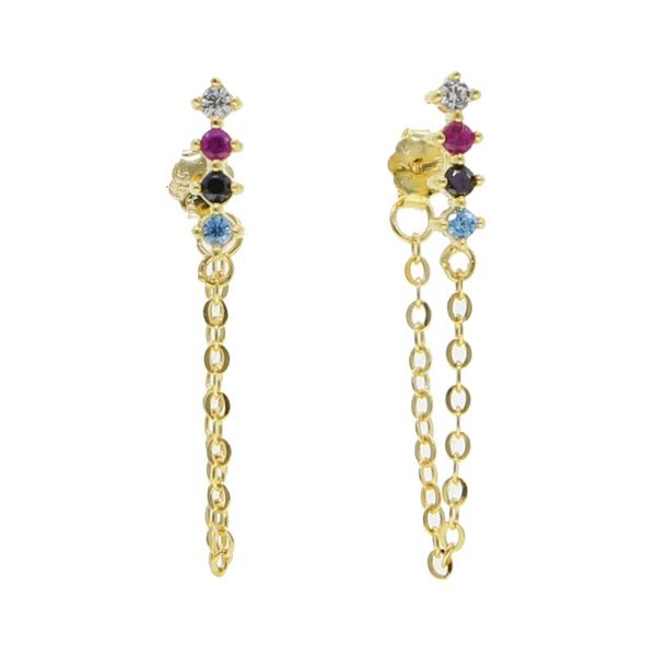 

925 sterling silver delicate rainbow colourful cz geometry square long tassels stud earrings for women girl gift wedding jewelry, Golden;silver