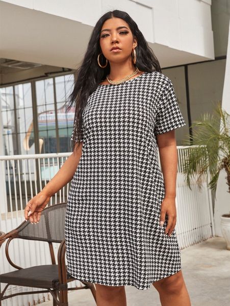 

plus houndstooth print dress g9p4#, Black