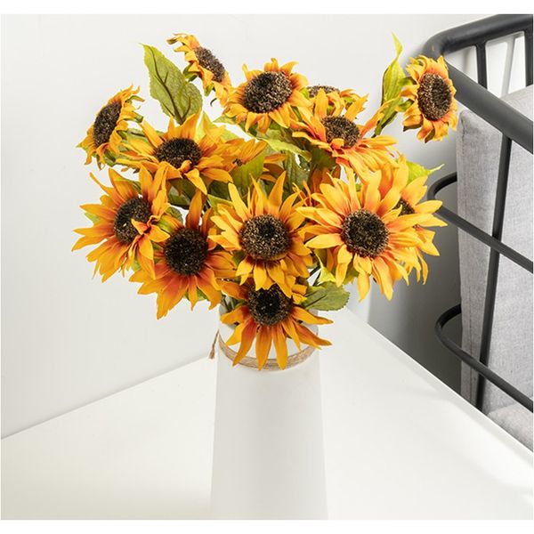 

autumn sunflower artificial flowers bouquet for wedding home living room garden balcony decor 3 heads silk fake flower branch f wmtgpm