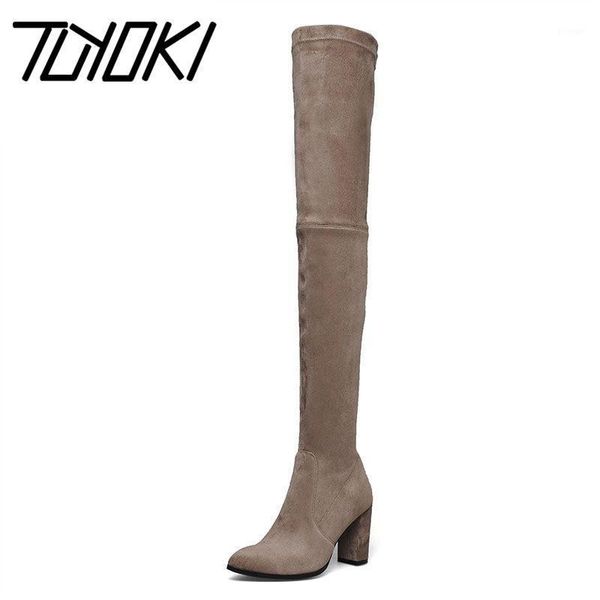 

boots tuyoki women fur thigh high pointed toe thick heels stretch fashion lace up winter warm shoes size 34-431, Black