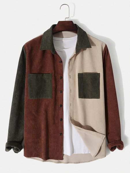 

men color-block patched pocket corduroy shirt without tee k1ic#, White;black