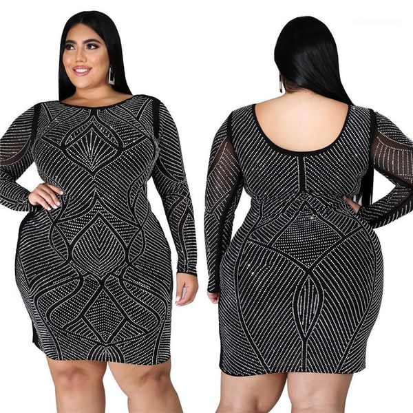

long sleeve crew neck rhinestone mini dresses fashion female clothing womens plus size party dress autumn, Black;gray