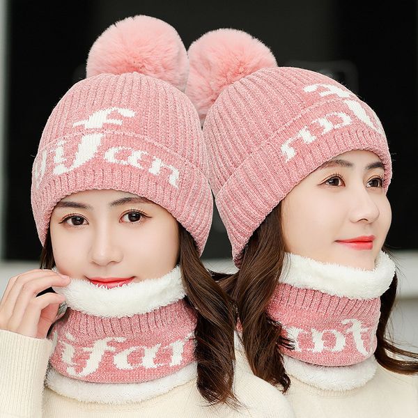 

winter hat and ring scarf set for women classic thick wool kitted pompoms ball winter warm hats scarves bonnet beanie caps, Blue;gray
