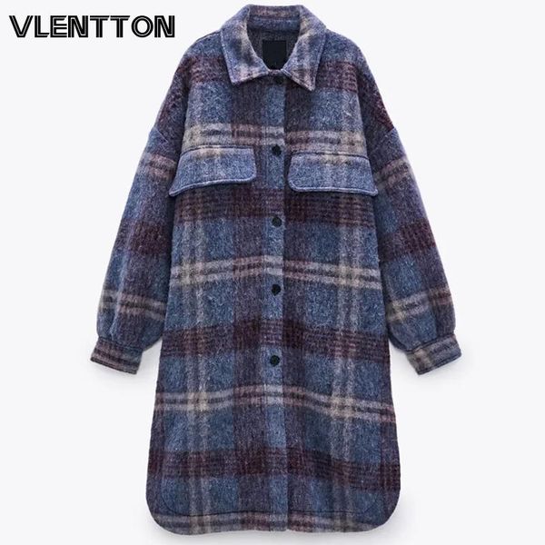 

2021 autumn winter women oversize warm wool coat vintage plaid thick shirt jacket outwear female casual loose long overcoats, Black