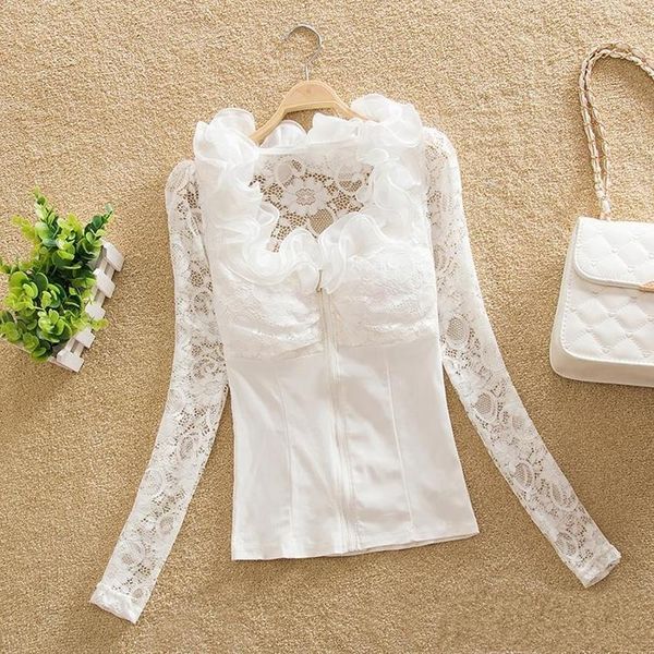 

корейский сексуальный v-образным вырезом на груди на груди кружева пэчворк 2019 весна лето женщин с длинным рукавом slim fit top рубашка cam, White