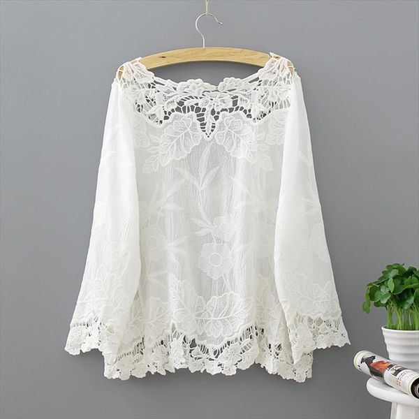 

hollow out white lace blouse kimono summer 2019 casual loose woman shirt fashion full sleeve kimono cardigan blouses women