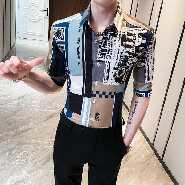 

korean summer shirts for men fashion 2020 half sleeve print shirt men casual slim fit streetwear chemise homme 3xl1, White;black