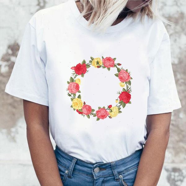 

womens wreath t shirt flowers garland painted clothes ladies short sleeve kawaii tees graphic t shirt printing fema, White