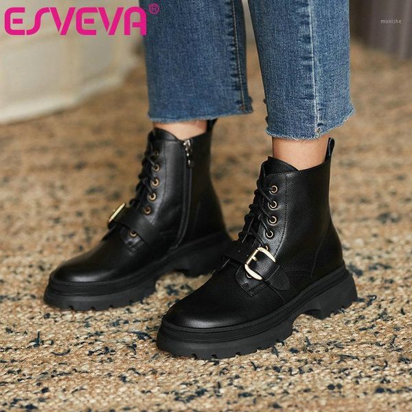 

boots esveva 2021 buckle casual square low heel pu+leather ankle platform round toe women shoes size 34-391, Black