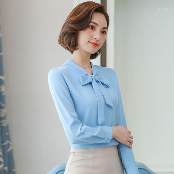 

2020 spring women shirt blouse long sleeve turn down collar bow bottom chiffon shirt harajuku women#1, White