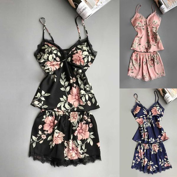 

new lace print lingerie silk underwear pajamas satin pyjama women sleepwear sets spring summer autumn, Black;white