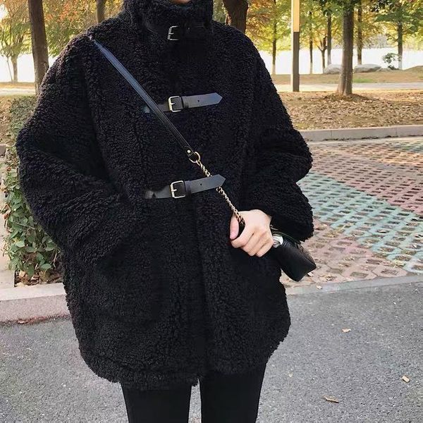 

faux lamb fur coats jackets for women long warm winter coats belts loose1, Black