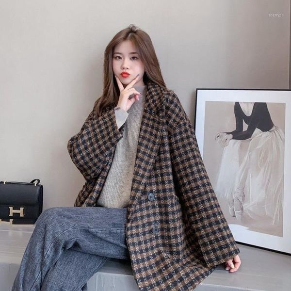 

yocalor plaid coat woollen cloth women jacket women's new 2021 autumn winter female overcoat outerwear coats1, Black