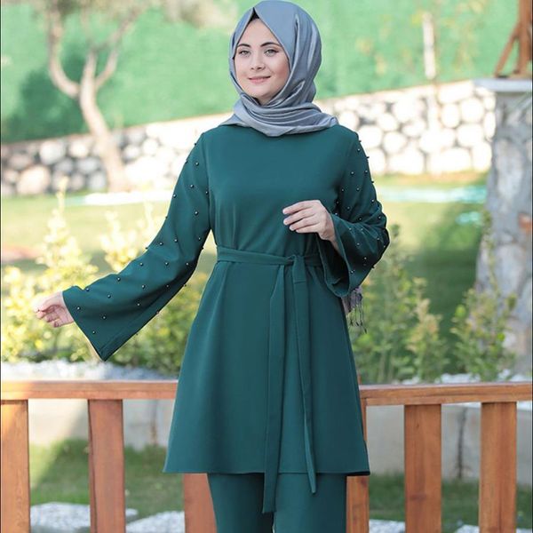 

elegant two pieces of muslim silk put together service robe worship diamond beads abaya jubah robes dubai ramadan sets f1913, White