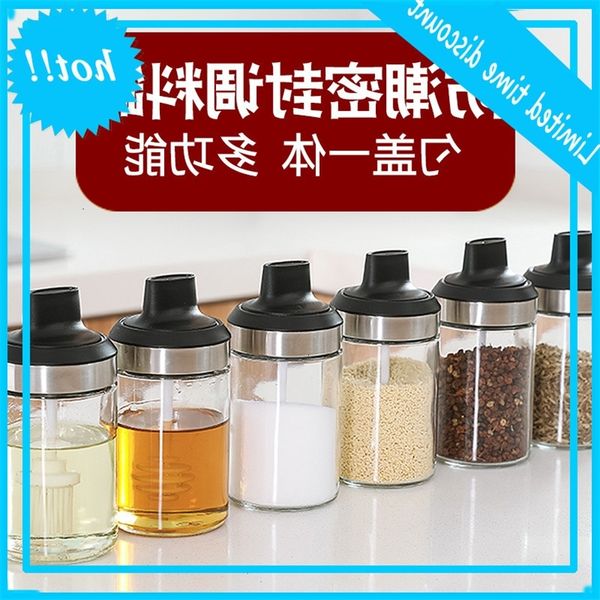 

glass box with spoon ketchup bottle seasoning can oil pot