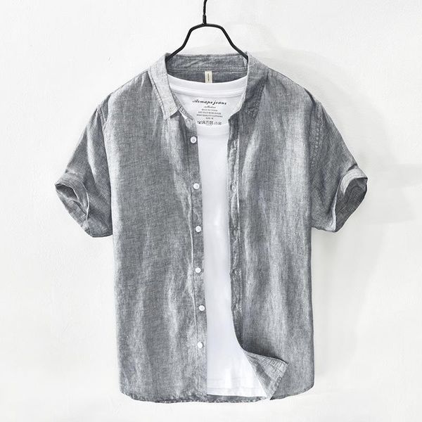 

cotton linen shirts men casual short sleeve gray turn down collar man summer hawaii vacation men's shirt y29441, White;black