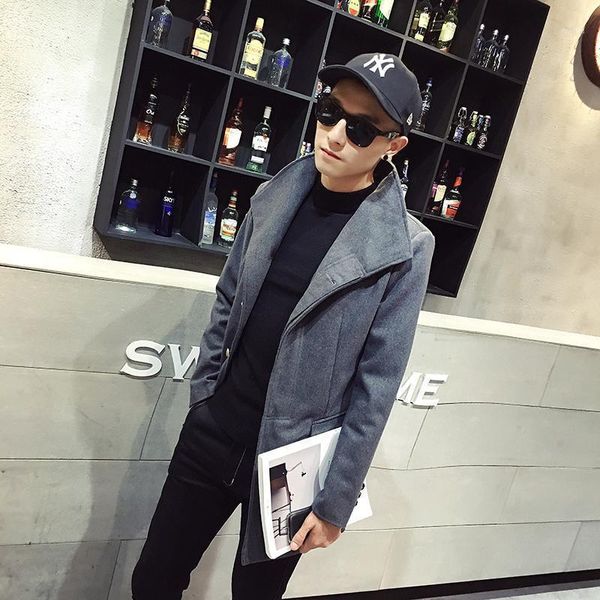 

plain color blend wool winter fashion coat men fashion tweed long wool peacoat streetwear long sleeve autumn trench jacket1, Black