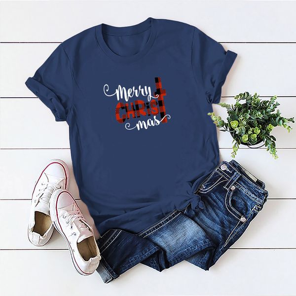 

wt20311 christmas cartoon simple and fresh merry christmas print round neck pullover short sleeve t-shirt women, White