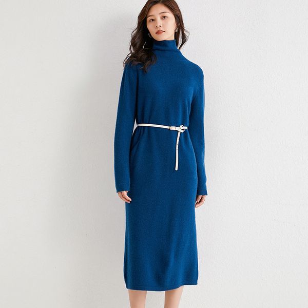 

2021 longest 100% cashmere and knitted wool jumpers new fashion winter high-end women's dress mid-calf pullovers navy, Black;gray