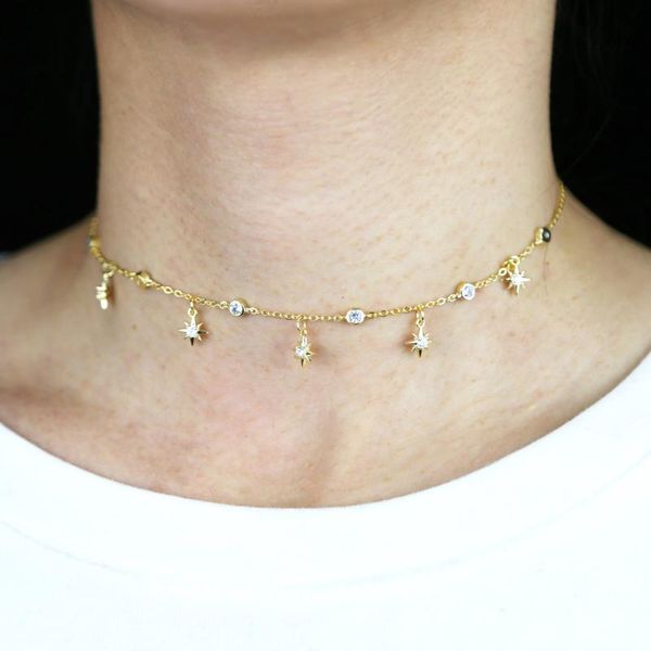 

chokers 2021 gold silver color trendy mini tiny cz star charm wedding choker necklace for women delicate party gift jewelry, Golden;silver