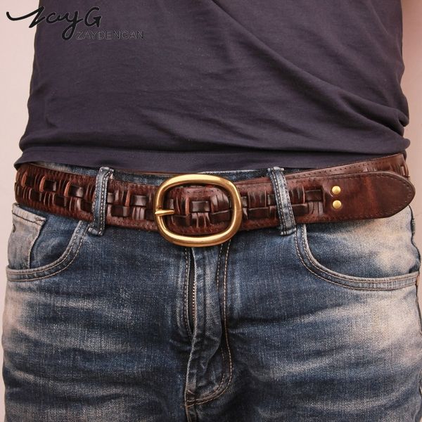 

zayg new belt man fashion mens belts luxury genuine leather braided real cow skin straps men jeans wide girdle male men gift 201111, Black;brown
