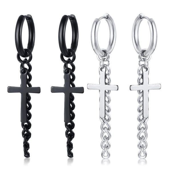 

stud stainless steel cross chain tassel earrings black men's european and american punk style, Golden;silver