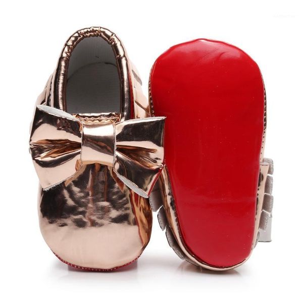 

bright gold red bottom baby pu leather shoes big bowknot fringe baby shoes first walkers moccasins girl1