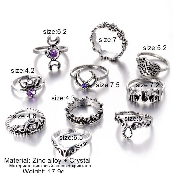 

vienkim 10 шт. / набор женщин богемский фатима руководства корона кольцо установить полый пещерный ретро слон пальма луна лотос соединительн, Golden;silver