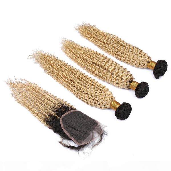 

ombre virgin brazilian hair bundles with closure 4" * 4" dark root kinky curly #1b #613 human hair with closure and bundles, Black;brown